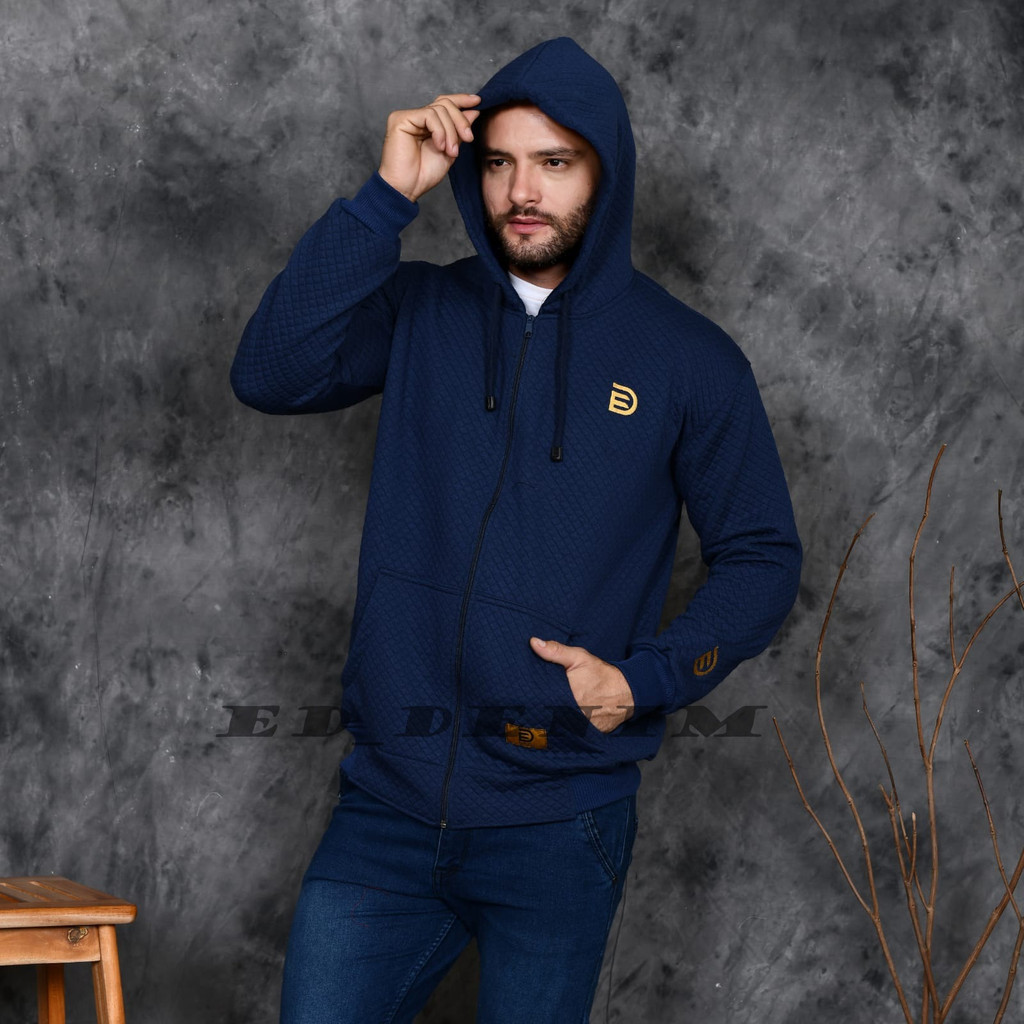 Sweater Ziper Hoodie Pria MotiF Diamond Logo Bordir