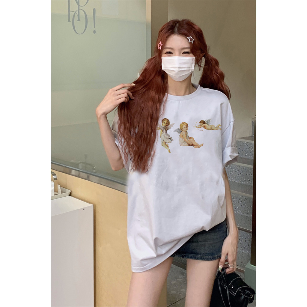 EUNII T-shirt Lengan Pendek Cartoon Angle Wings Korean Style/Kaos Atasan Wanita/Baju Kaus Oversize Wanita/Kaos Wanita