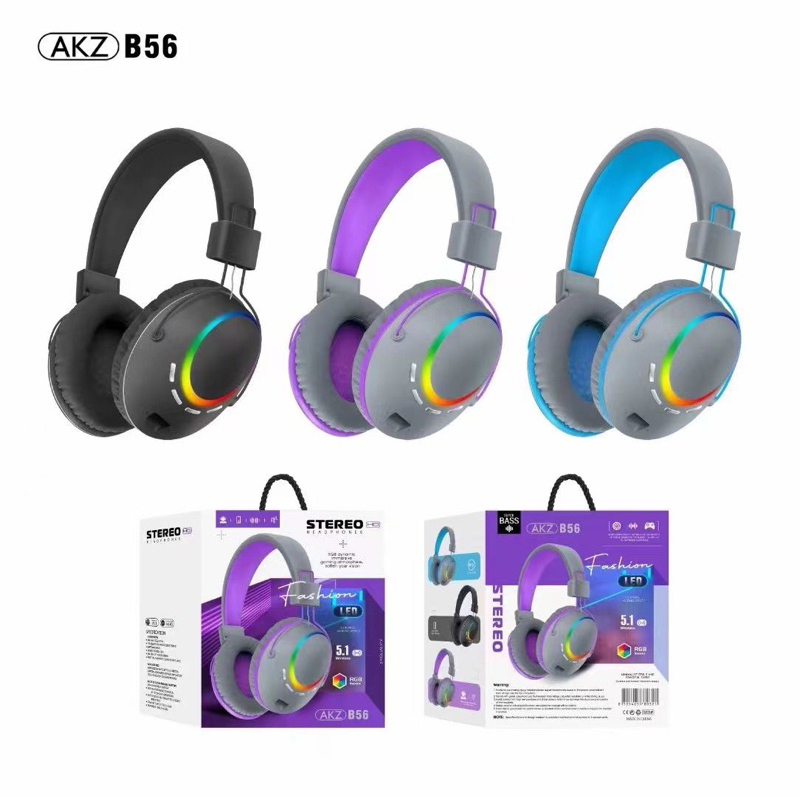 Headphone Gaming LED Stereo Bass / Headset LED Bluetooth AKZ B56 Bagus