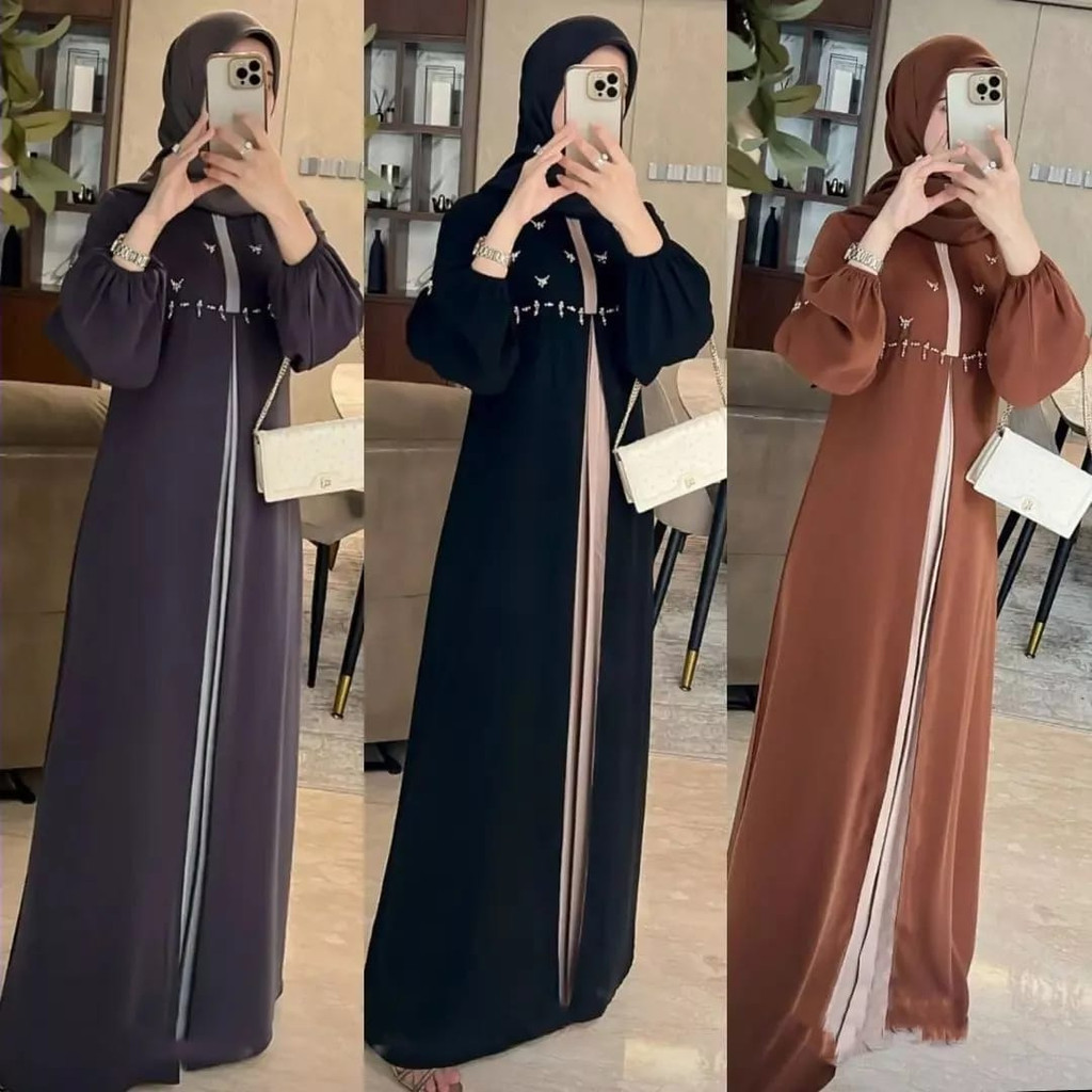 Baju Gamis Wanita Terbaru 2023 Aurel Dress Maxy Ceruty Babydoll Full Furing Baju Kondangan Aplikasi Mutiara