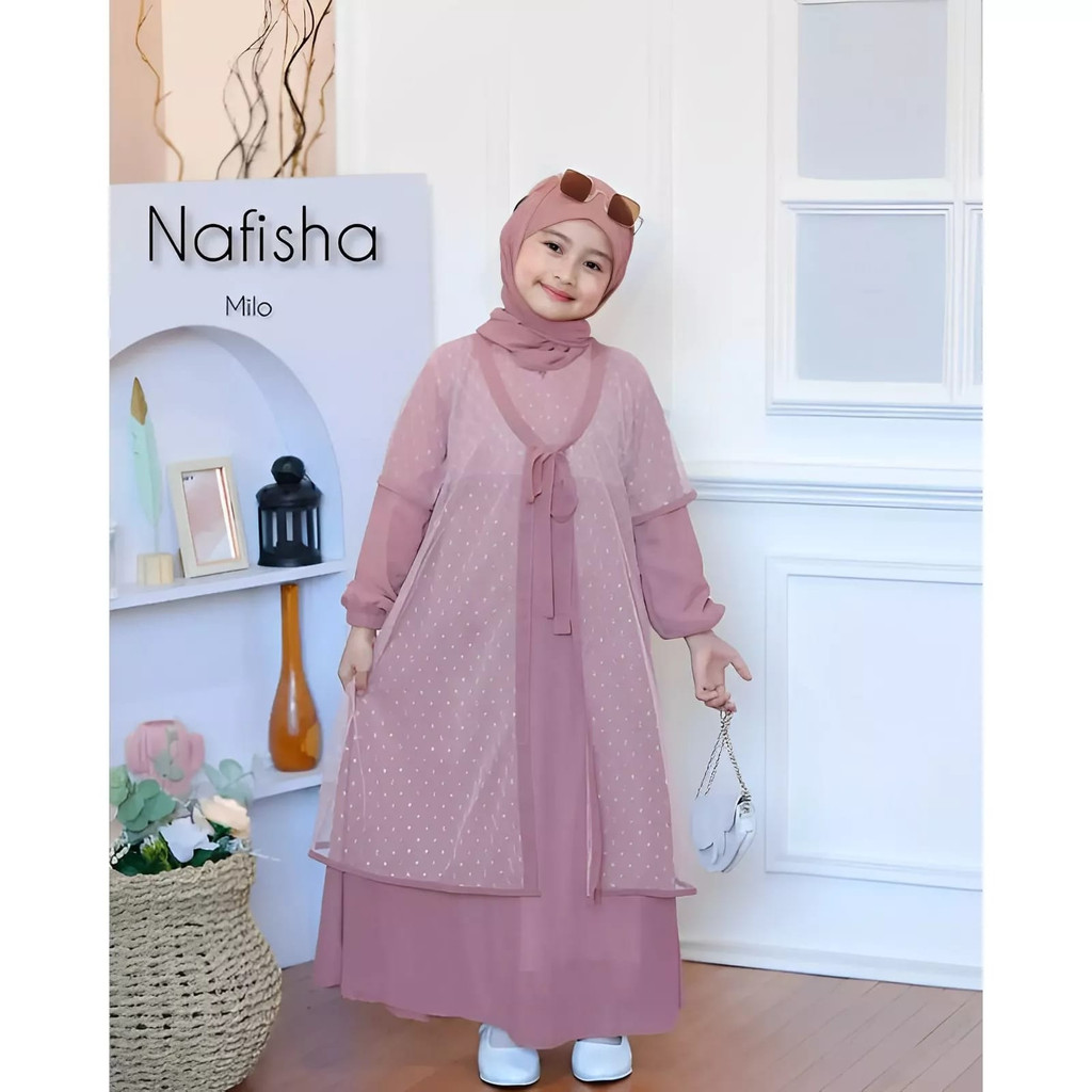 Gamis Remaja Tanggung 9-12 Tahun Nafisha Kids Plus Pashmina Baju Muslim Anak Perempuan