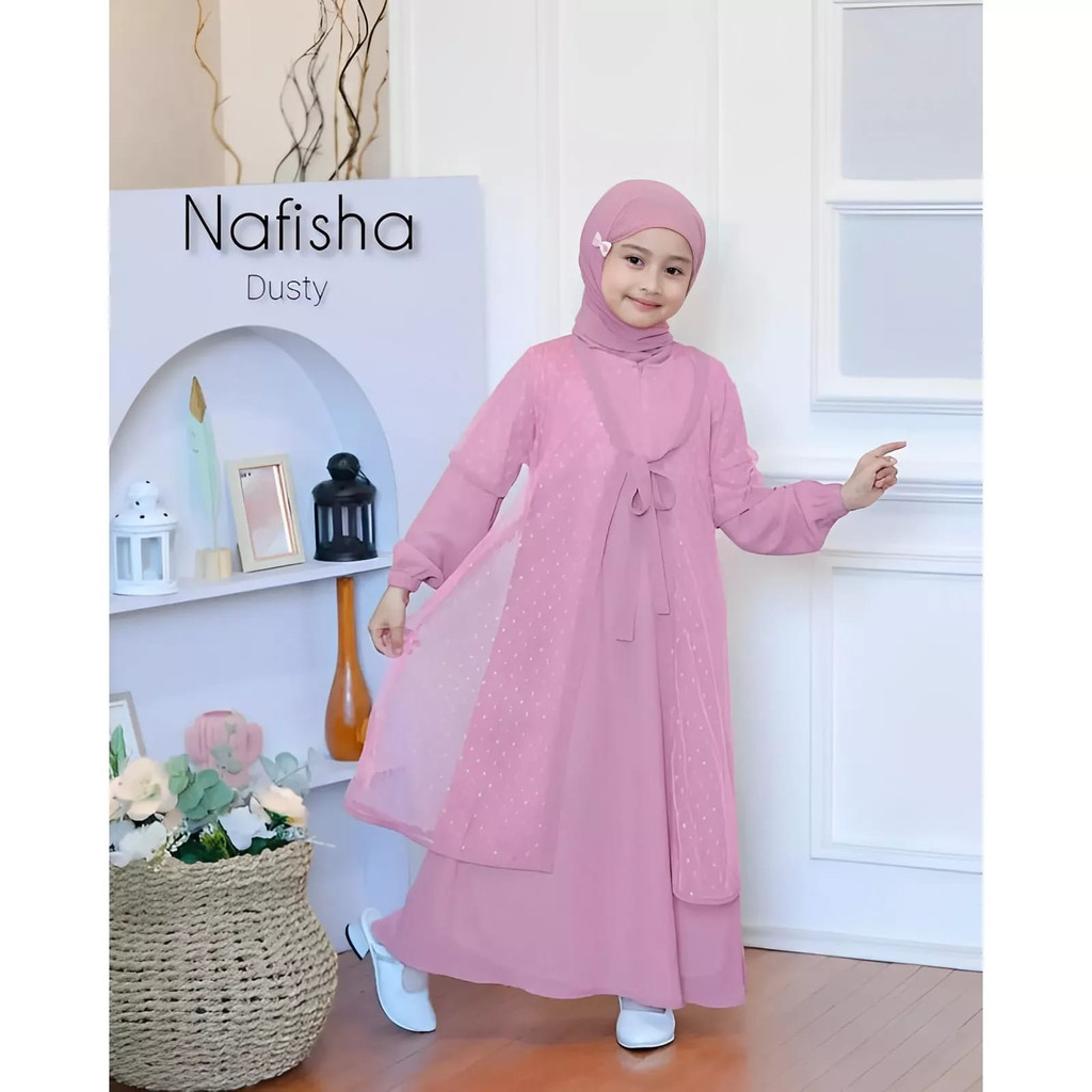 Gamis Remaja Tanggung 9-12 Tahun Nafisha Kids Plus Pashmina Baju Muslim Anak Perempuan