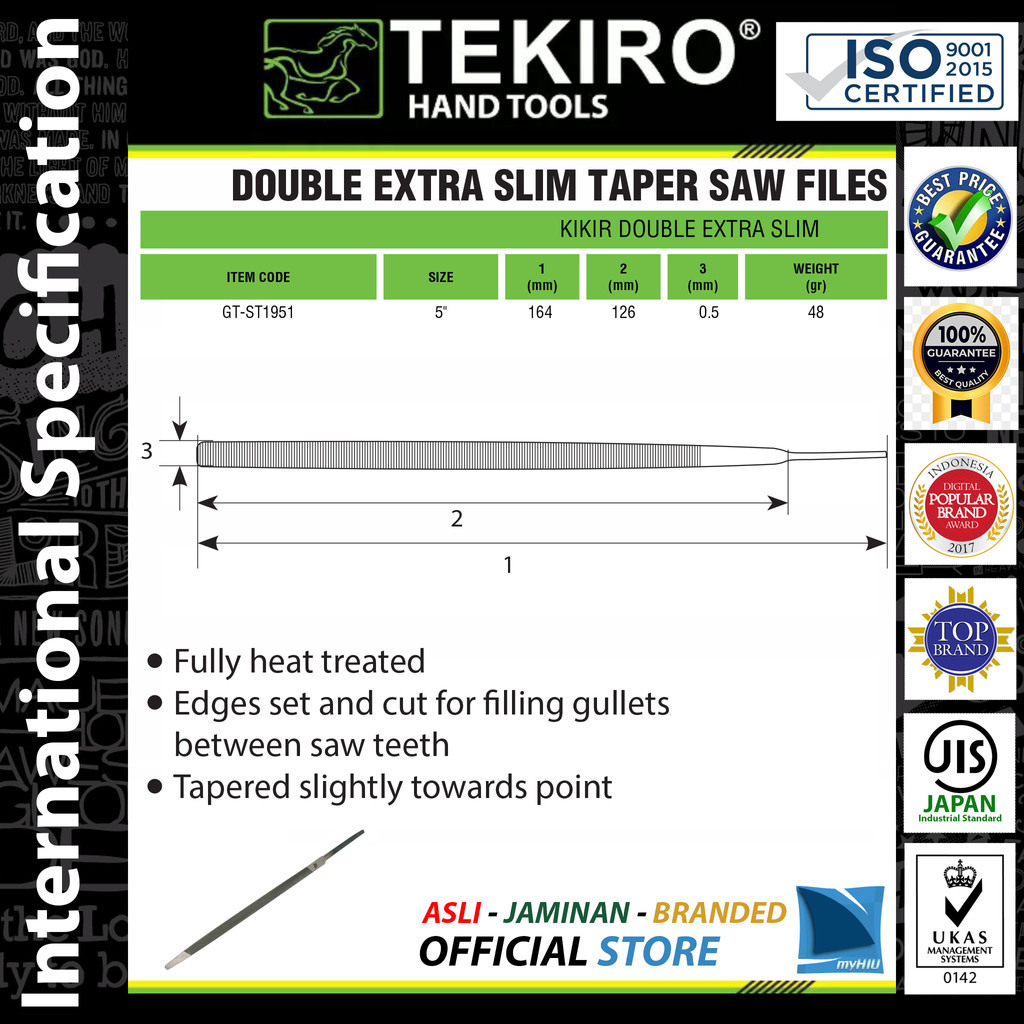 Kikir Segitiga 5&quot; inch Dobel Ekstra Langsing / Double Extra Slim Taper Files TEKIRO