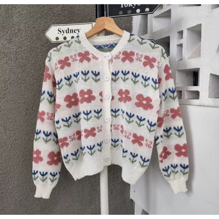 Cardigan Wanita Summer Love Laccy Kardigan Korea Vintage Love Bunga Rajut