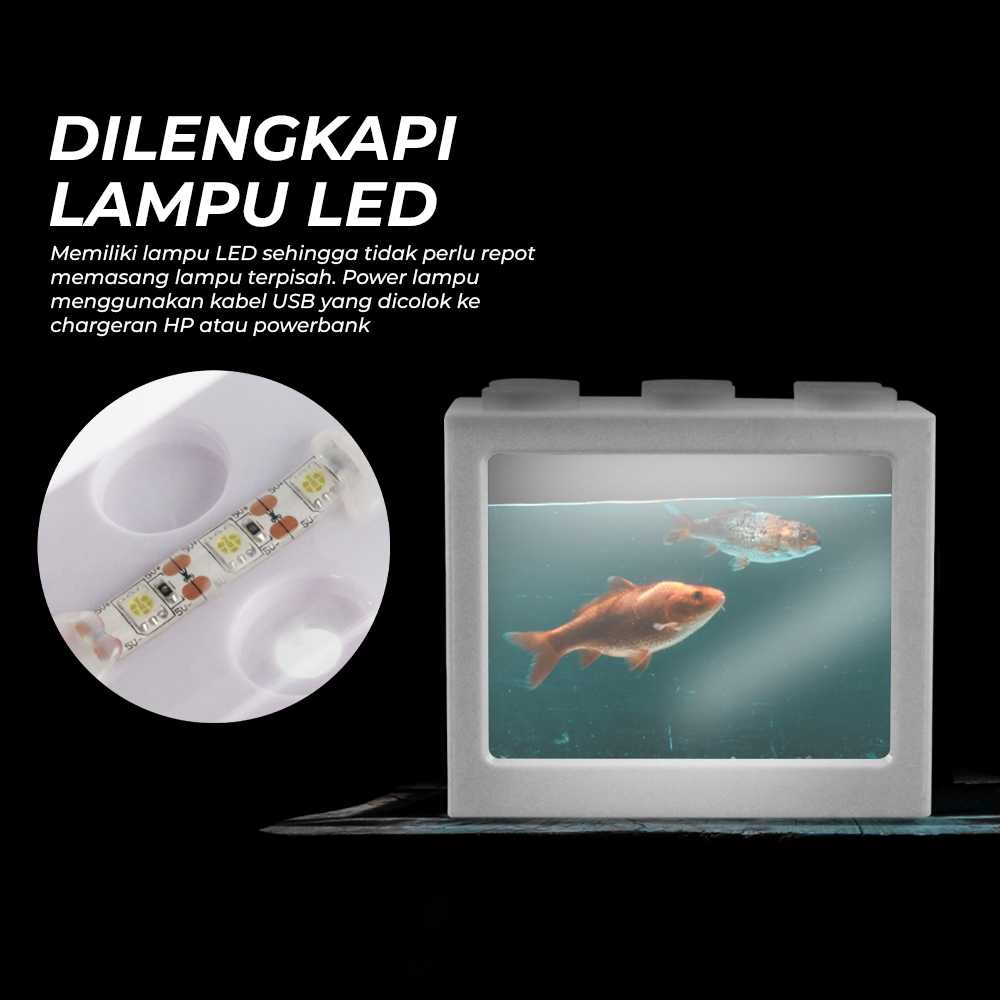 Aquarium Mini Lego Block 4 Windows 12x8x10cm White LED Akuarium Kecil Desain Unik LED Berkualitas