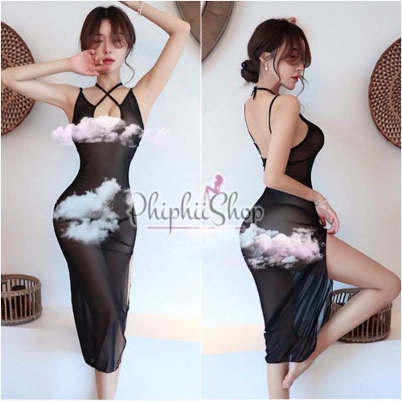 Lingerie Bodycon Dress Gaun Malam Pesta Transparan Panjang Sexy + G String