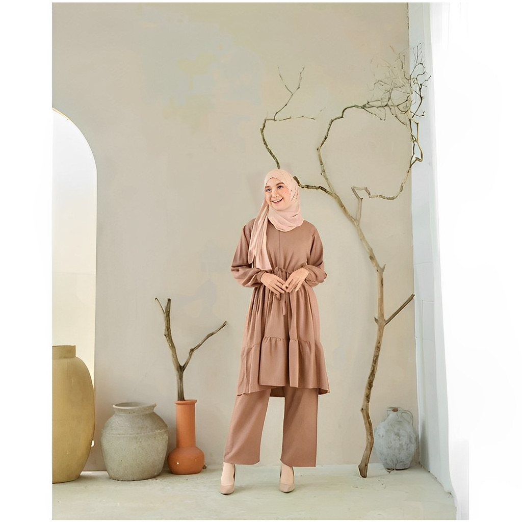 Ramdan Collection - Aruna One Set Tunik Jumbo Ld 110 Bahan Crepe Premium Setelan Wanita Kekinian OOTD Remaja Setcel Model Korean Style Terbaru 2023 Fashion Muslim