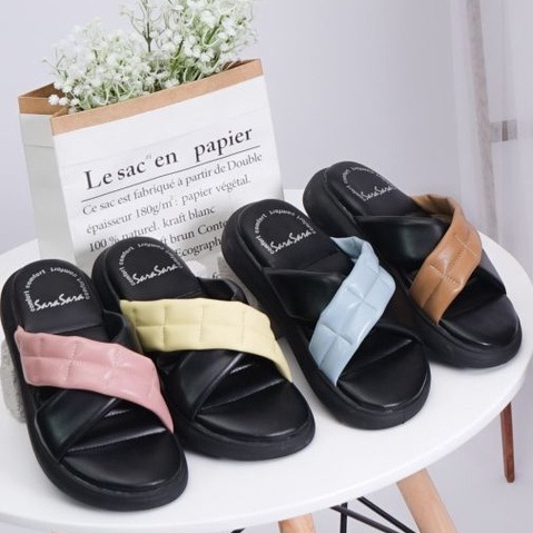Sara Sara NONNA Sandal Wedges Wanita Kekinian Sendal Slop Cewek Casual Hak Platform Terbaru