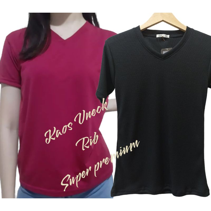 (COD) kaos kerah V-neck lengan pendek WANITA [Bahan rib tebal &amp; lembut]