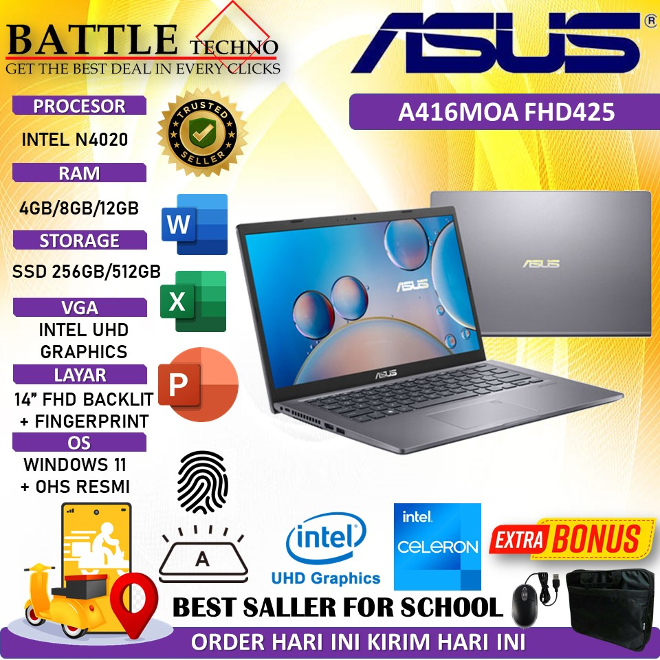 LAPTOP ASUS VIVOBOOK A416MAO FHD425 INTEL N4020 12GB 512GB 14&quot; FHD  WIN11HOME + OHS TRANSPARENT SILVER