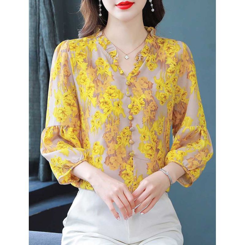 Blouse wanita kuning motif gambar rame cantik sifon Korea lengan panjang elegant
