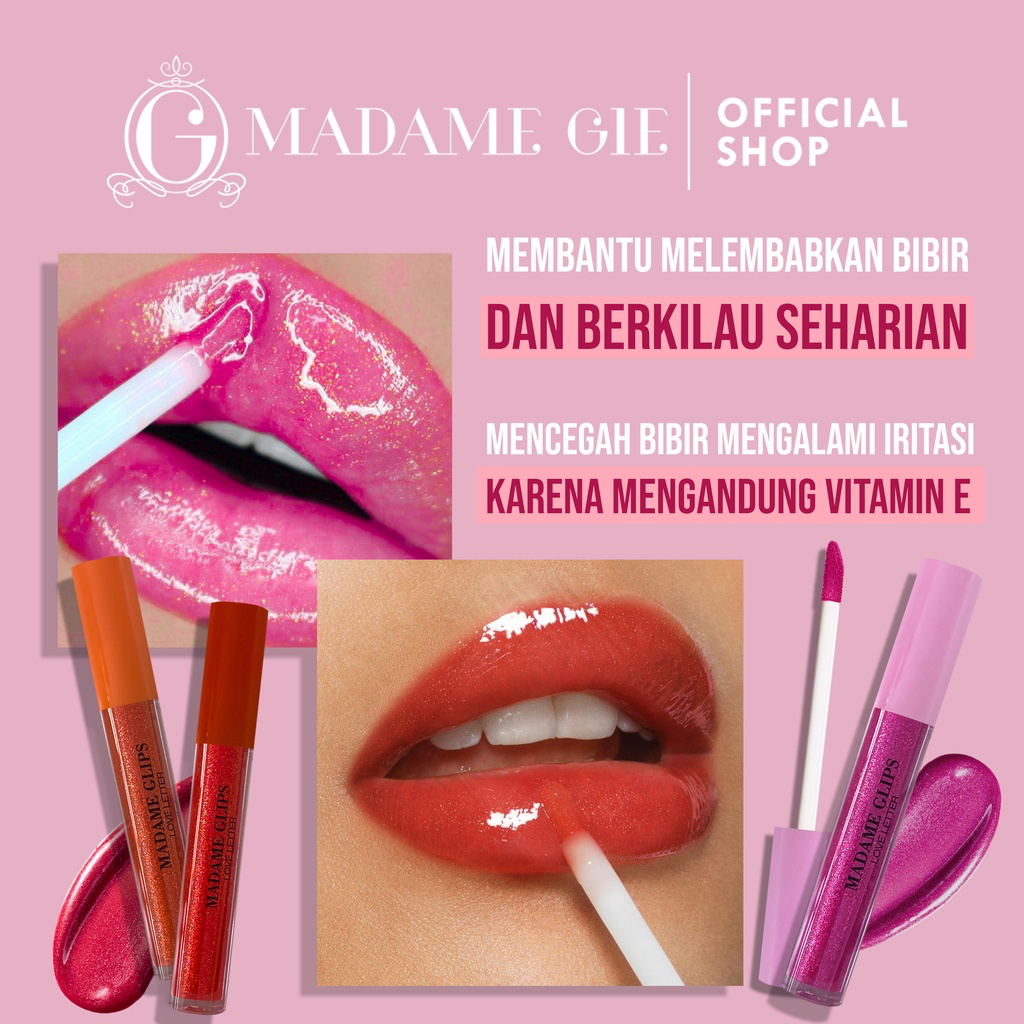 MADAME GIE Madame Glips Indonesia / Lip Gloss 2.2ml / Moisturise Vitamin E Non Sticky / Melembabkan Glitter Berkilau Glamour / 01 Love Letter 02 Cupid 03 Sweet Kiss / Cosmetic Makeup Lips Iip / Treatment Perawatan Bibir / Lipstick Lipstik Gincu Lipgloss