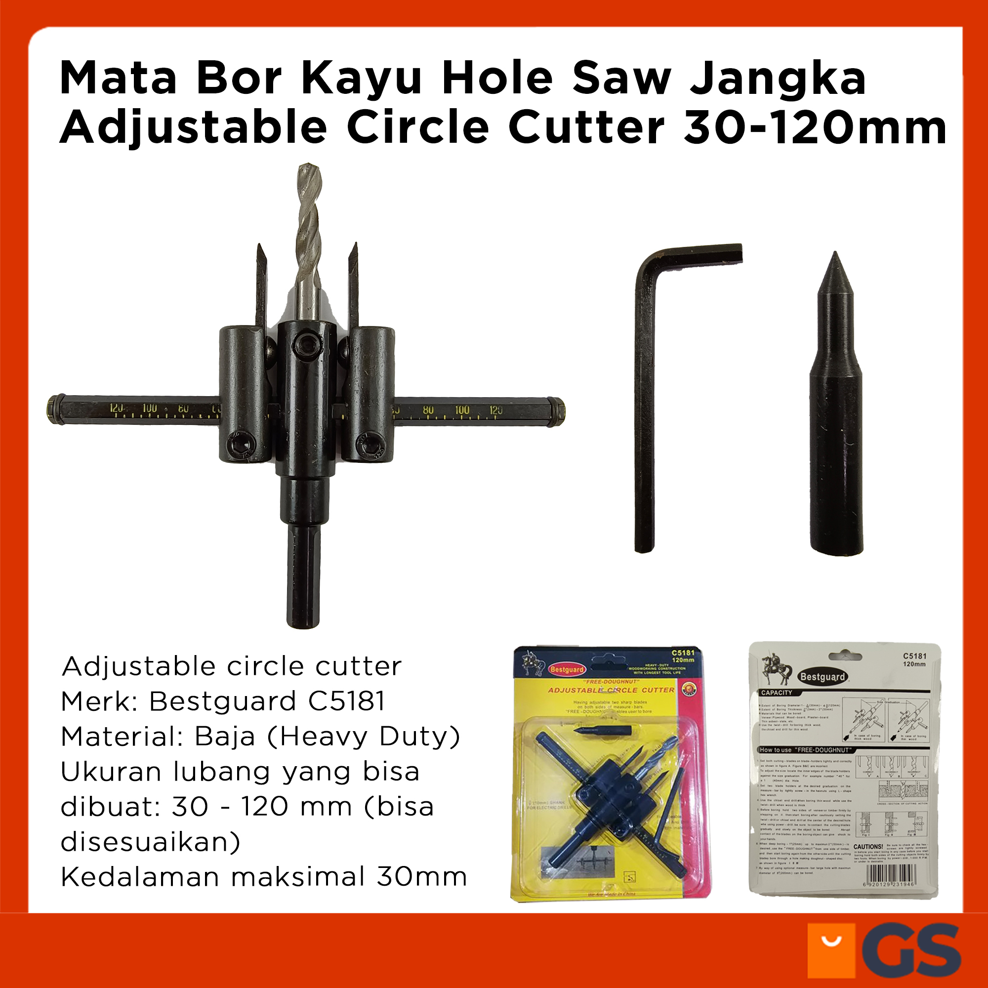 Mata Bor Kayu Hole Saw Jangka Adjustable Circle Cutter 30-120mm Bestguard C5181