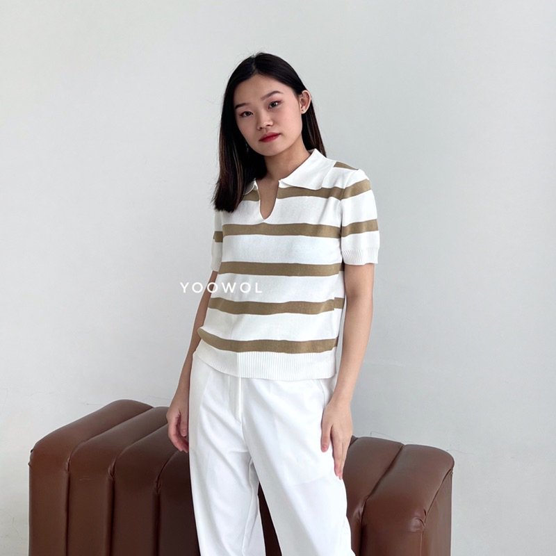 Isla Top/Atasan Stripes Knit Lengan Pendek Wanita