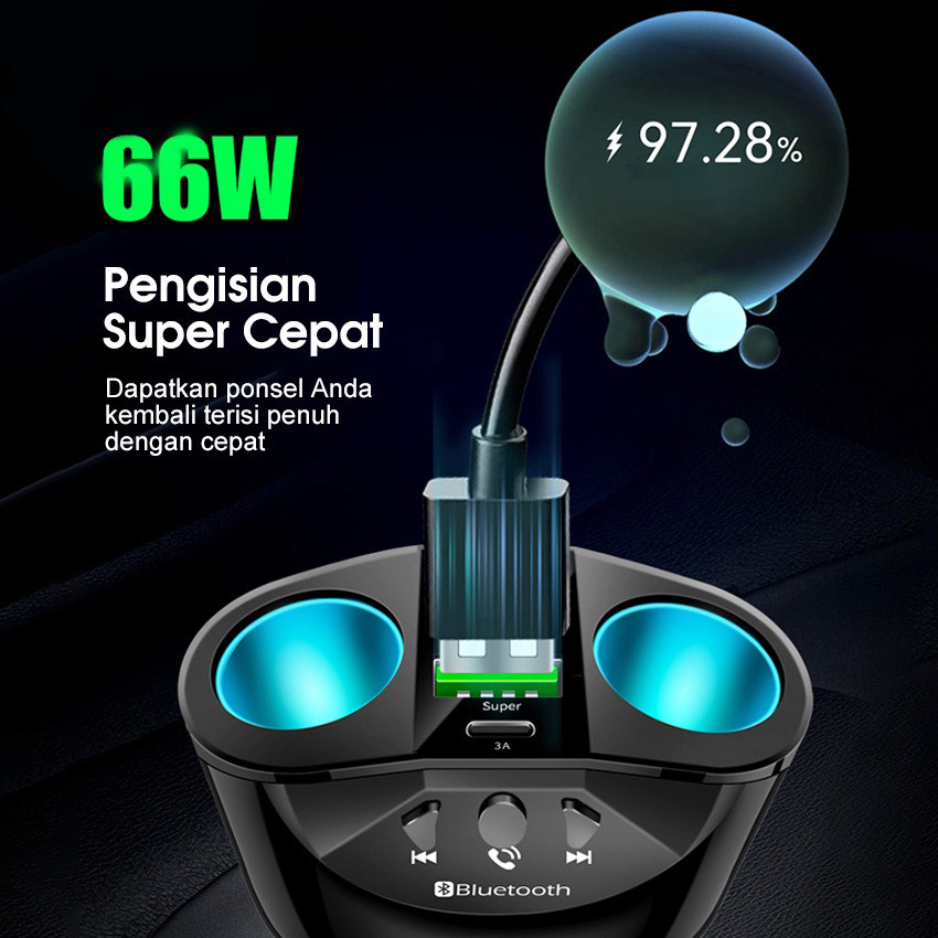 QC3.0 Pengisi Daya Mobil 90W, Pengisian Daya Cepat Dua USB Tipe C 12V 24V Bluetooth 5.0 FM Pemancar Pemutar Musik Adaptor Satu Seret Tiga Ringan dengan Dua Colokan Konversi