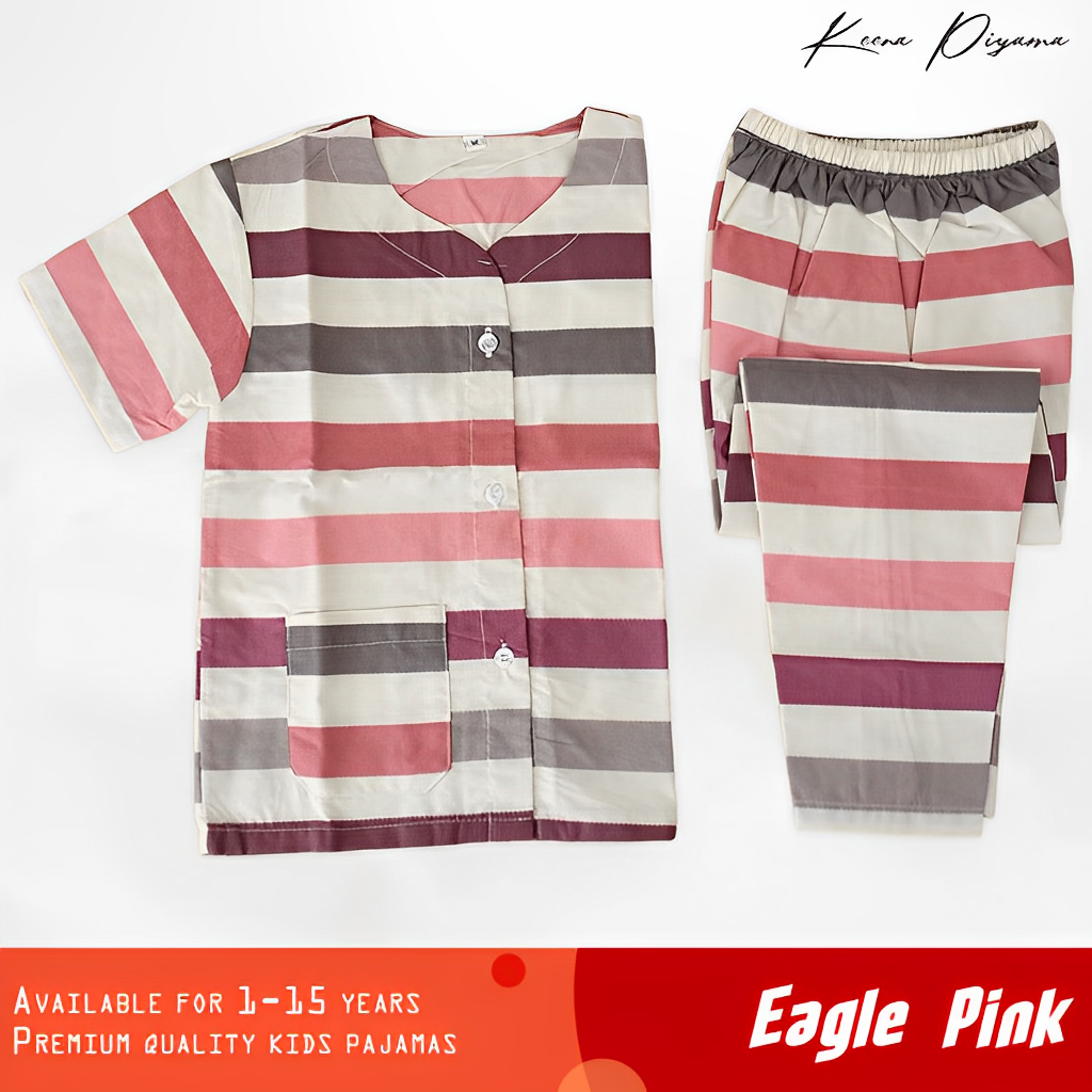 Set Baju Tidur/Piyama Anak Perempuan Laki Laki Katun Kerah Y Motif Eagle Pink Kotak Usia 1-15 Tahun