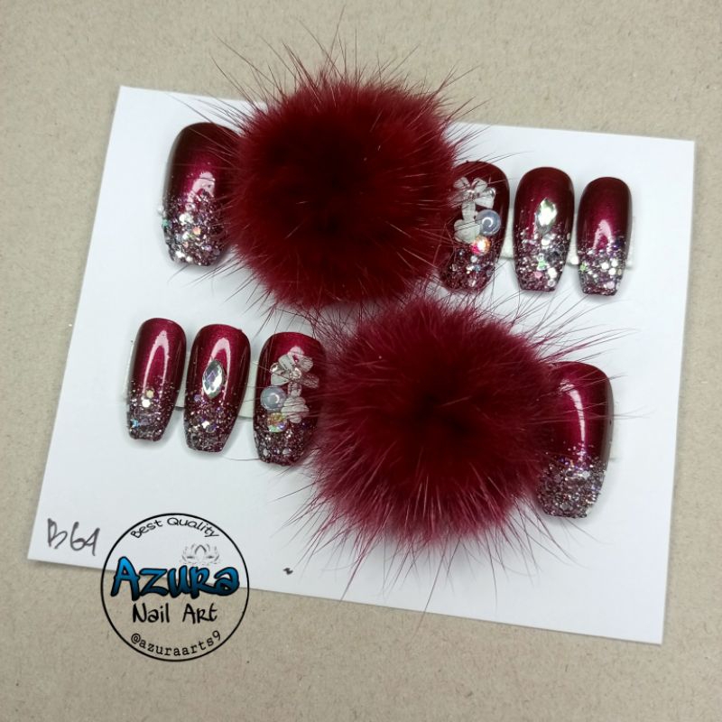 KUKU PALSU POMPOM MAROON / NAIL WEDDING / KUPAL HOMEMADE