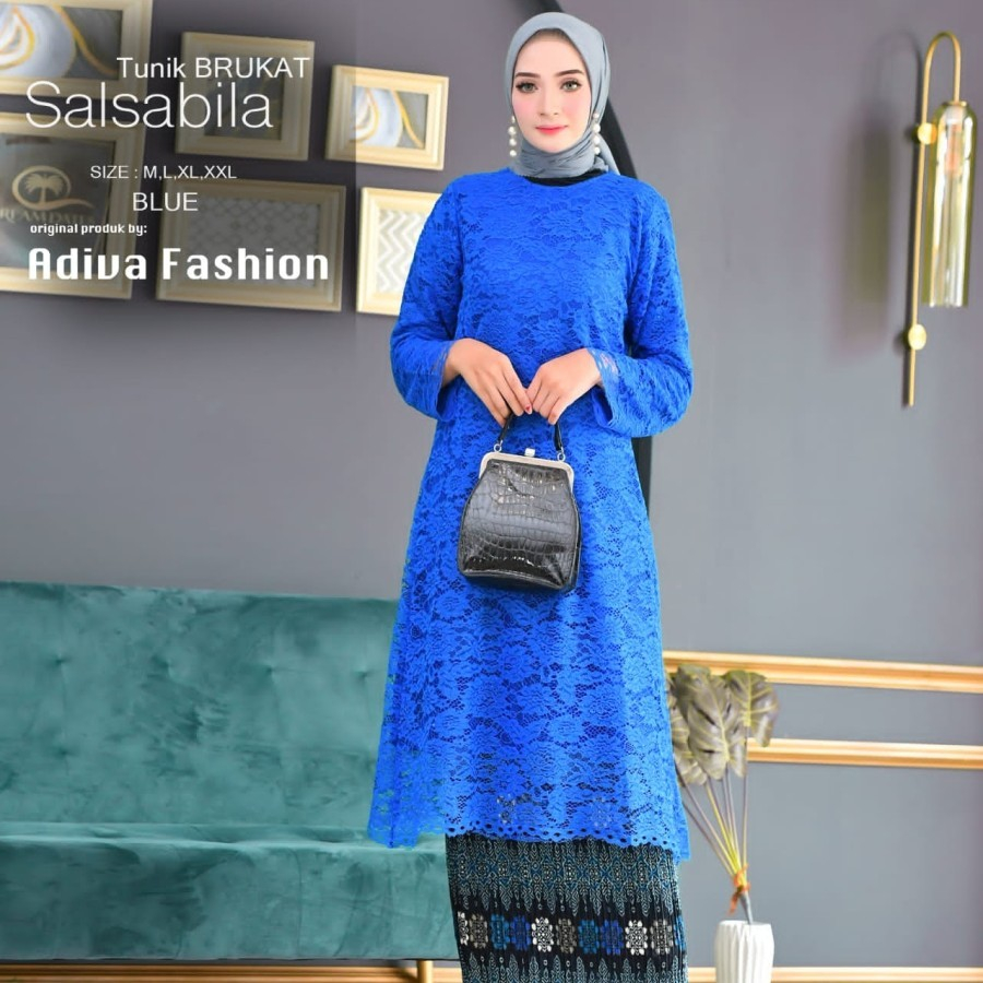 Stelan kebaya brokat panjang/Kebaya Brukat Muslimah/Dress -Biru Bca
