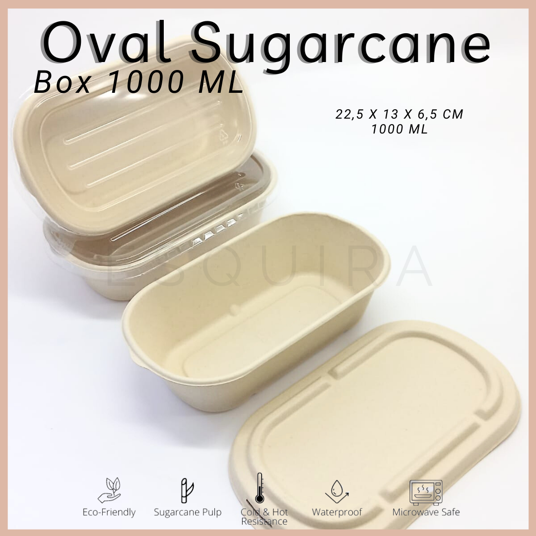 Oval Sugarcane Box 1000 ML / Lunch Box 10 Pcs + Lid / TAB1000