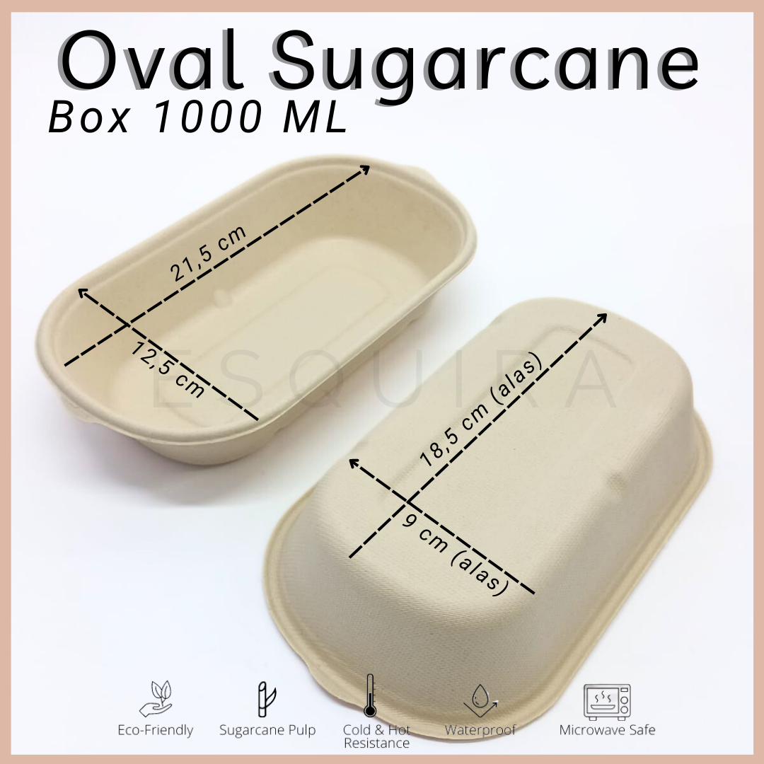 Oval Sugarcane Box 1000 ML / Lunch Box 10 Pcs + Lid / TAB1000