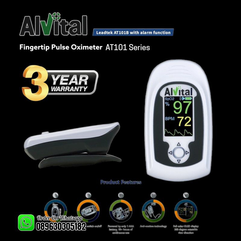 Pulse Oximeter Original Alvital AT101 Series With Alarm Pengukur Kadar Oksigen Dalam Darah