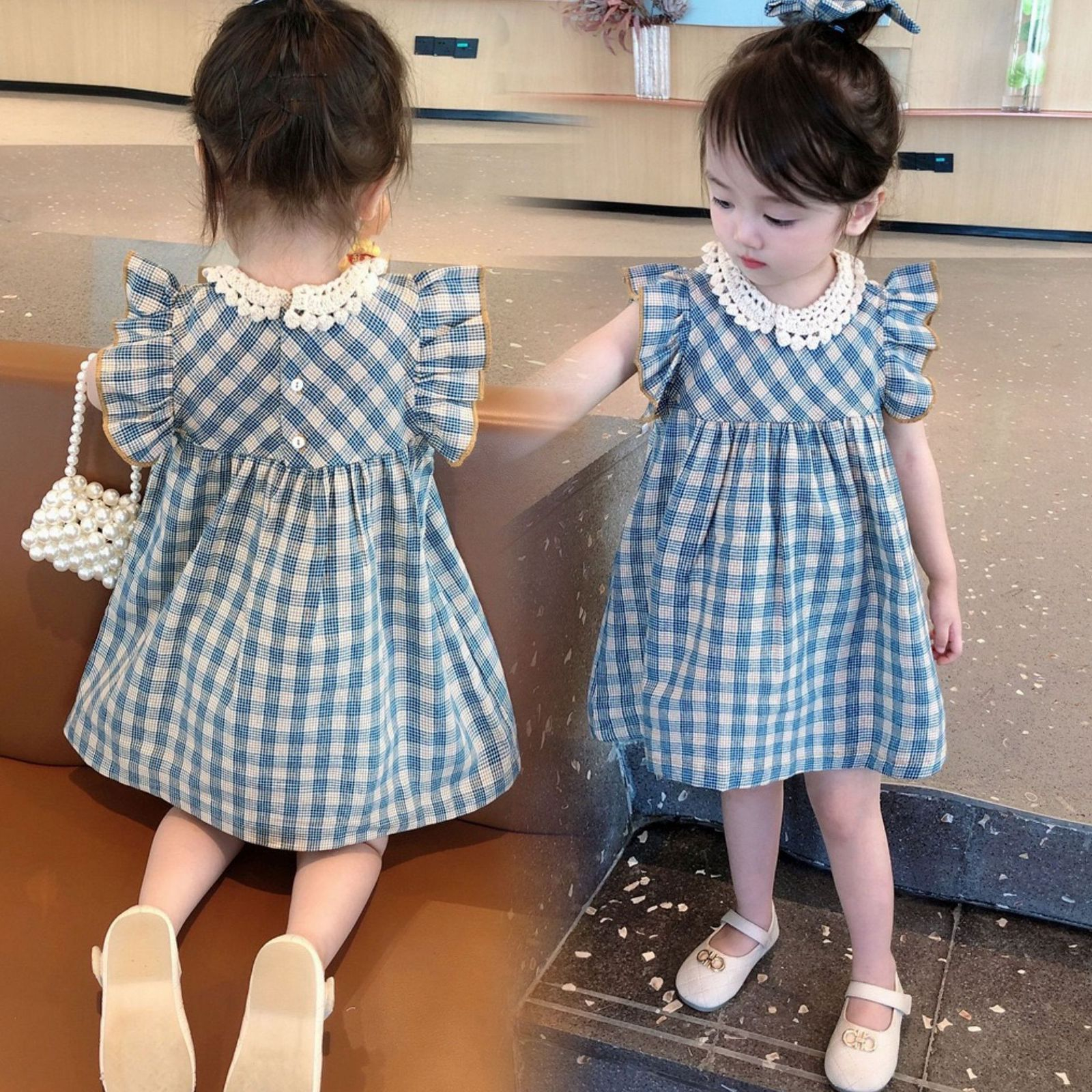 (LOLI-JKT) BD-421 DRESS DAN SETELAN  ANAK KOTAK BIRU KERAH GEMAS SIZE 100-140