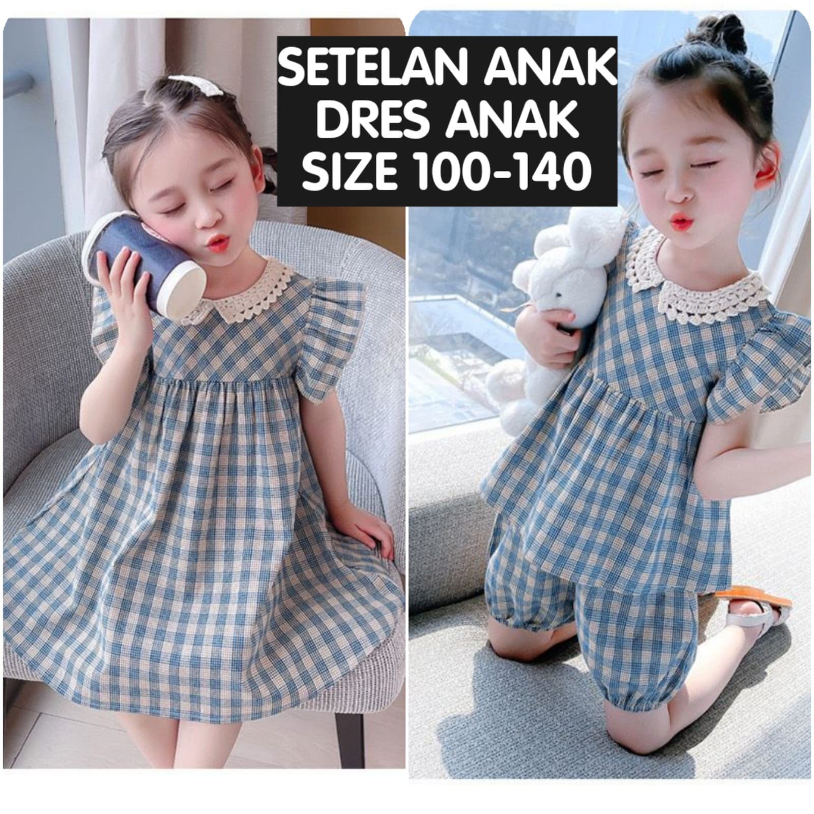 (LOLI-JKT) BD-421 DRESS DAN SETELAN  ANAK KOTAK BIRU KERAH GEMAS SIZE 100-140