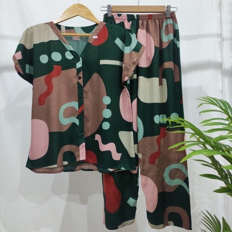 PIYAMA RAYON WANITA / BAJU TIDUR CELANA PANJANG / PAJAMAS V NECK / ONE SET RAYON