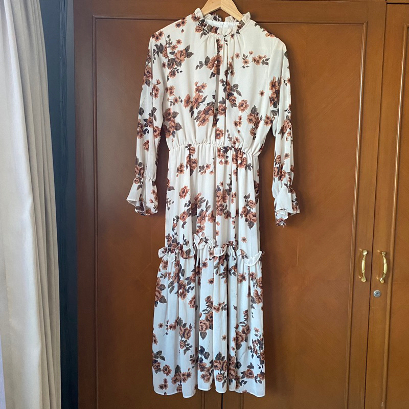 Dress bunga korean style / gaun pesta maxi lengan panjang
