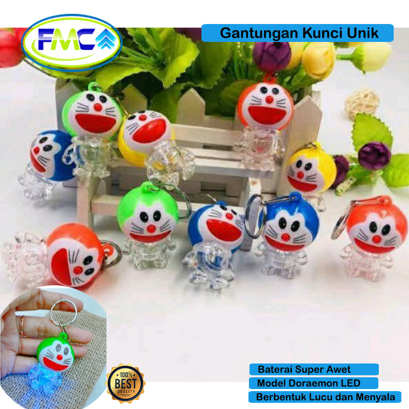 Gantungan Kunci Unik Bentuk Lucu Led Nyala Biru Merah Karakter Doraemon Souvenir Murah