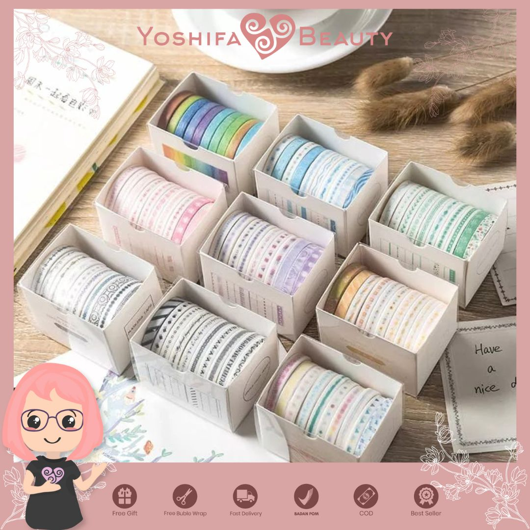 Washi Tape Isi 10 Roll Ukuran 5 mm Warna Soft | Isolasi Bahan Kertas Washi Basic Pattern