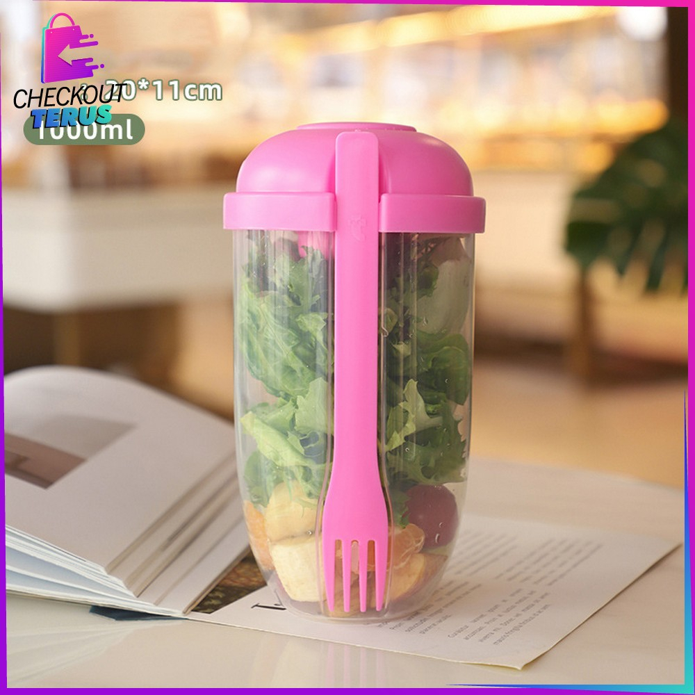 CT C863 Botol Salad 1000ML Transparan BPA FREE dengan Sendok Garpu + Botol Saus Kecil Portable Gelas Salad Plastik Tempat Makan Buah Sayur Salad