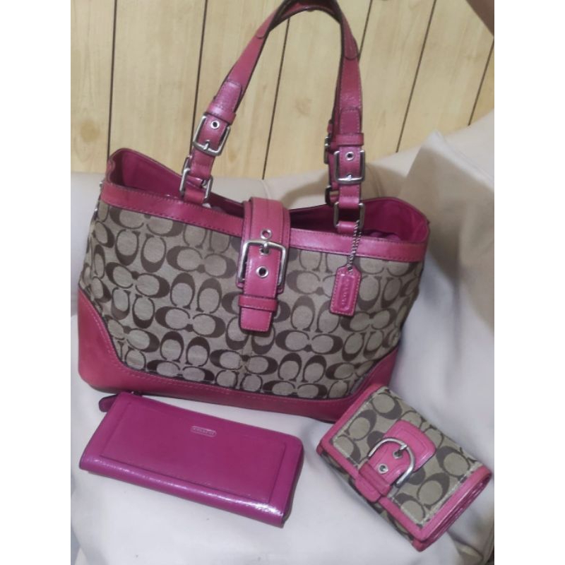 Tas Dompet Coach Signature Original Authentic Bundling Preloved Bag Wallet Khaki Pink