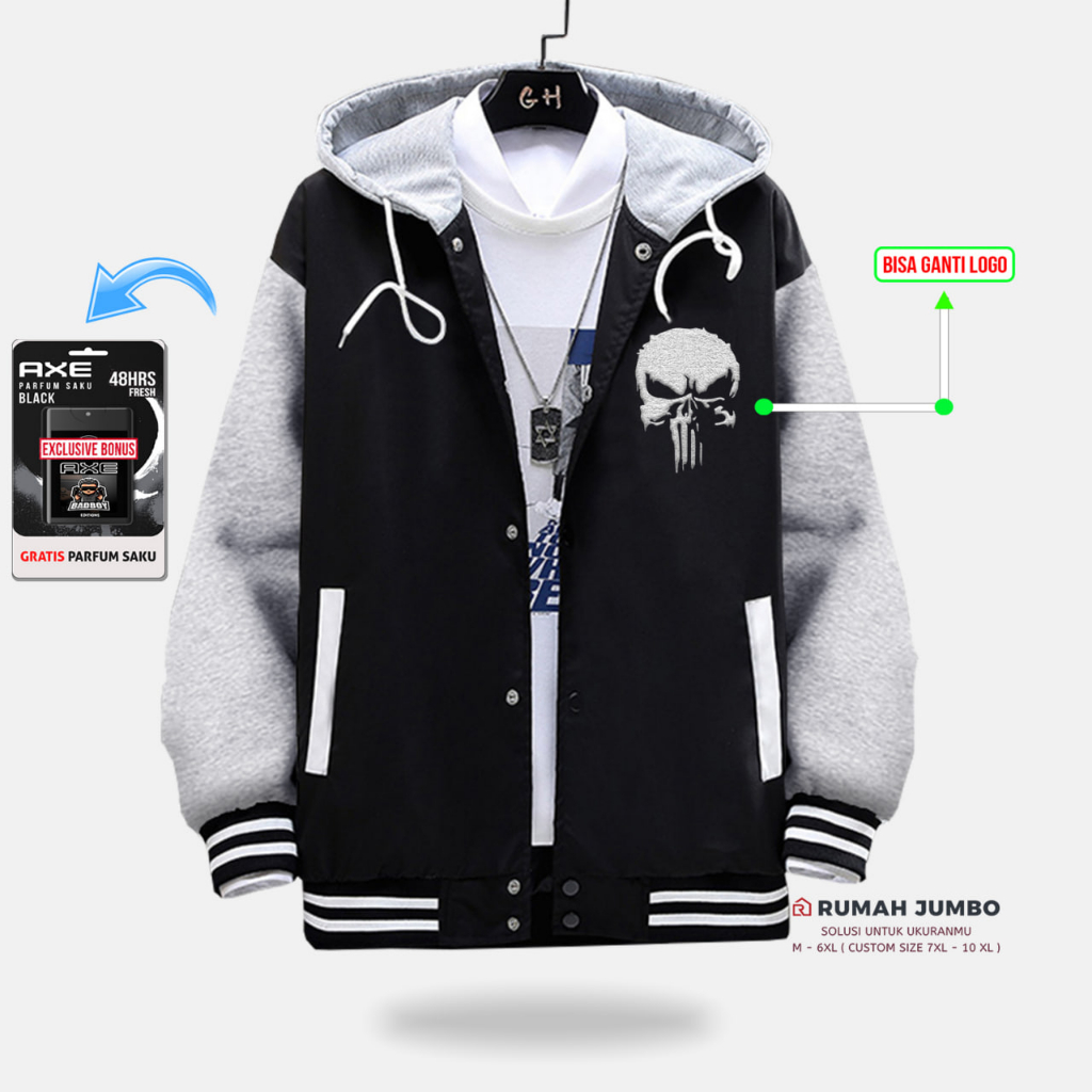 Jaket Bomber Varsity Baseball Oversize (M - 6XL) FINISHER BLACK GREY