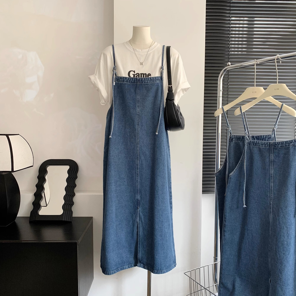 Overall dress jeans wanita overall rok jeans panjang wanita rok korean style jumpsuit rok suspender fashion jumbo kekinian 2023