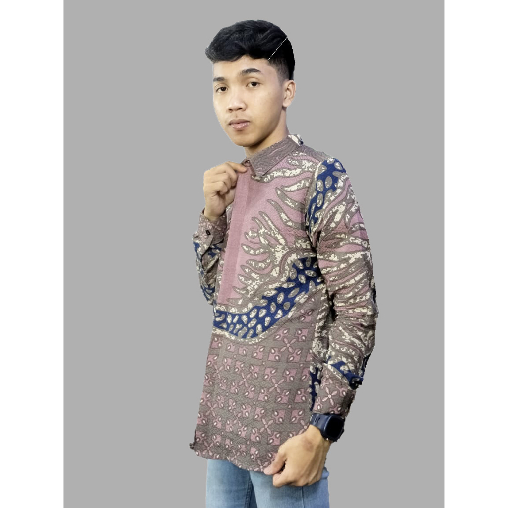 ATASAN PRIA KEMEJA BATIK BAJU KANTOR PRIA LAPIS FURING PREMIUM...WATU KAWUNG BURGANDI