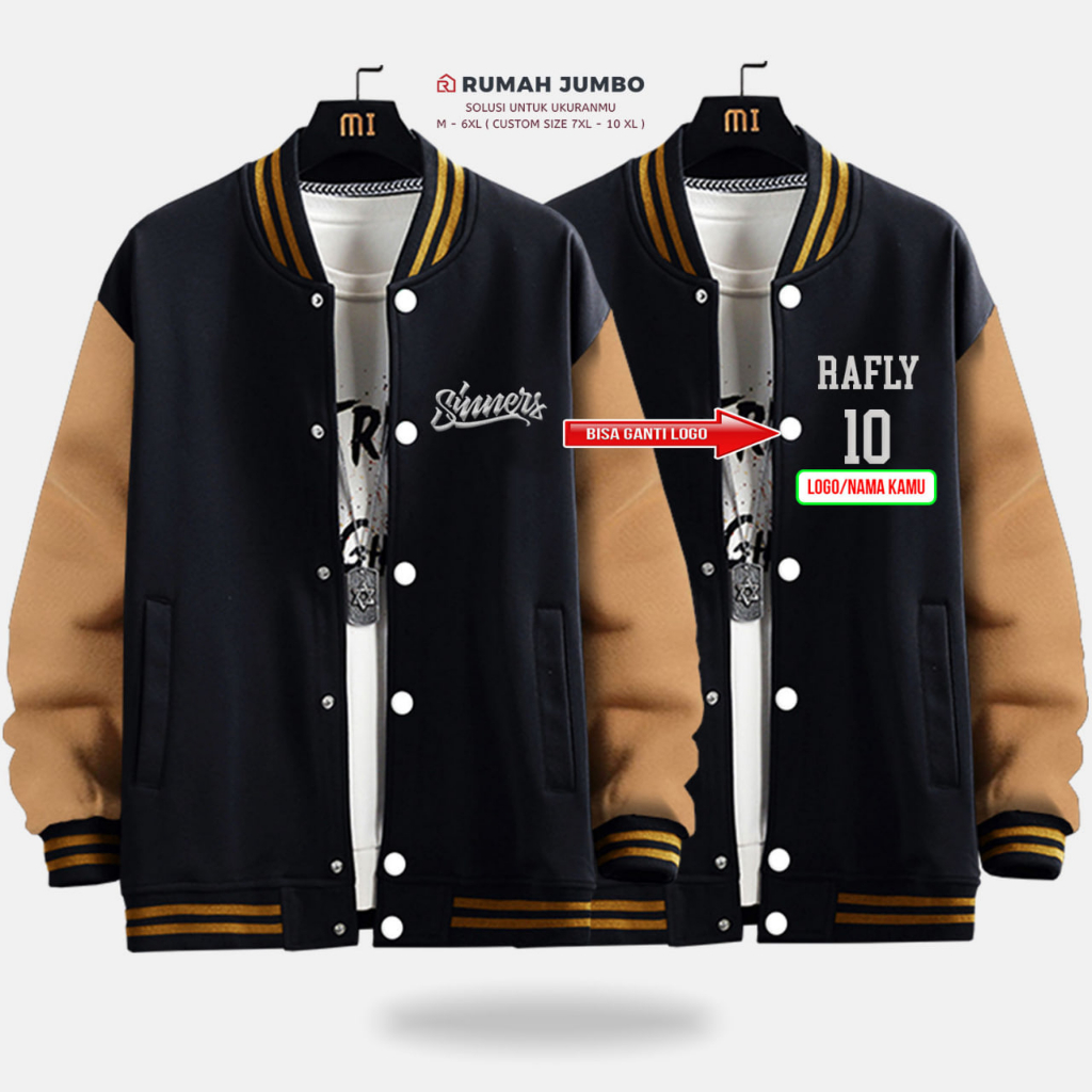 Jaket Bomber Varsity Oversize (M - 6XL) Baseball Custom SUMERS BLACK MOCCA