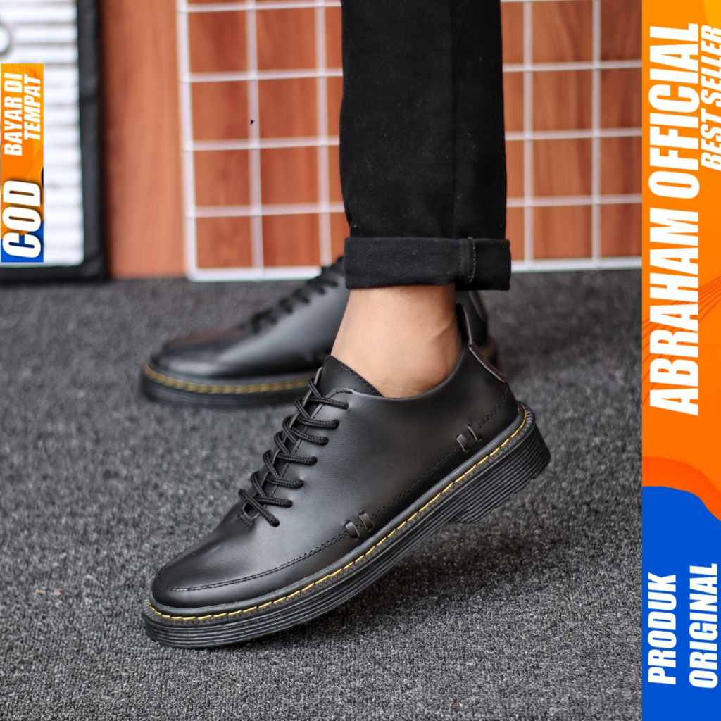 Sepatu Docmart Low Boot Formal Tali Hitam Casual Hitam Pria Kerja Abraham