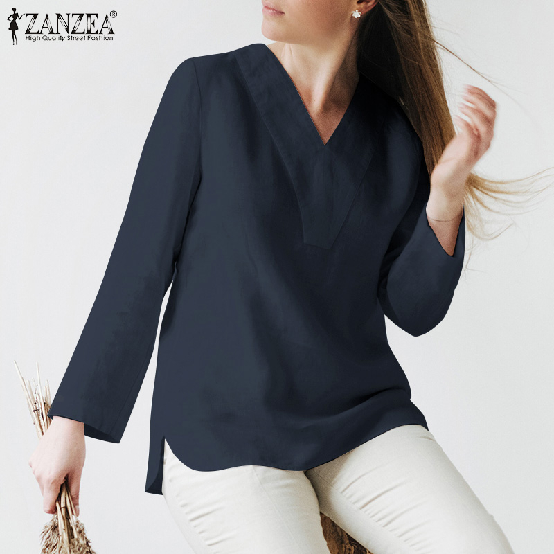 ZANZEA Women Daily Retro Simple V-Neck Full Sleeve Loose Casual Blouse