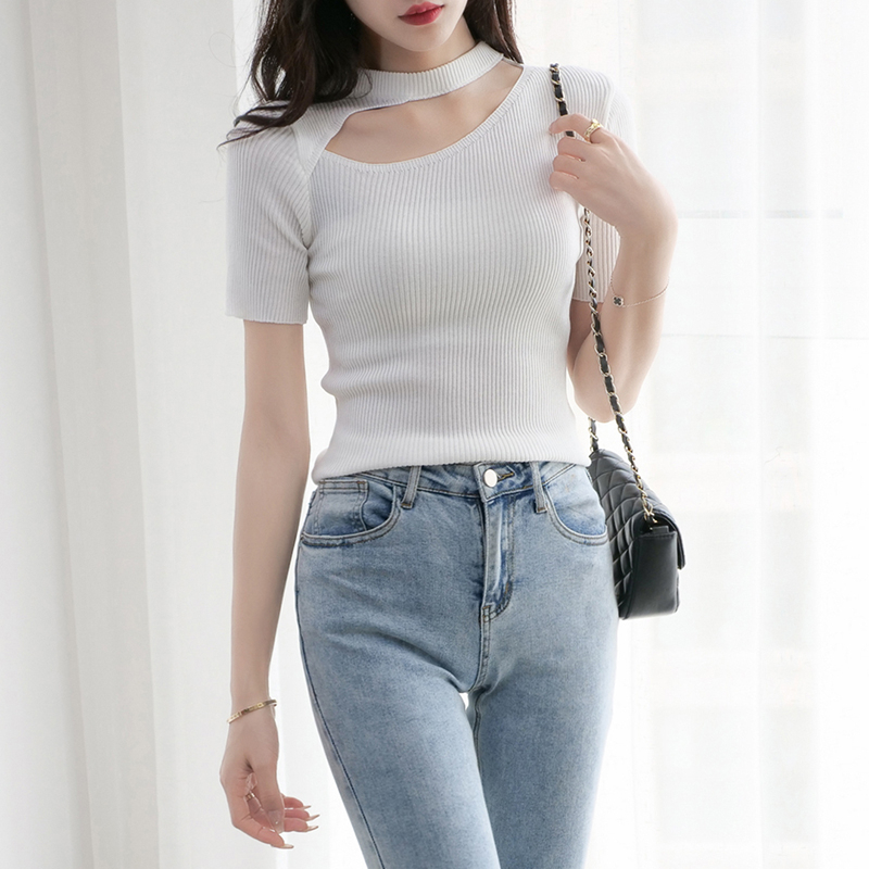 【Elegant】Off Shoulder Short Hollow Out T-shirt 2120