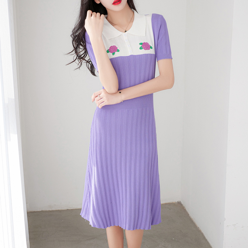 【Elegant】A-Line Elegant Knitted Short O Neck Mid Calf Dress 2098