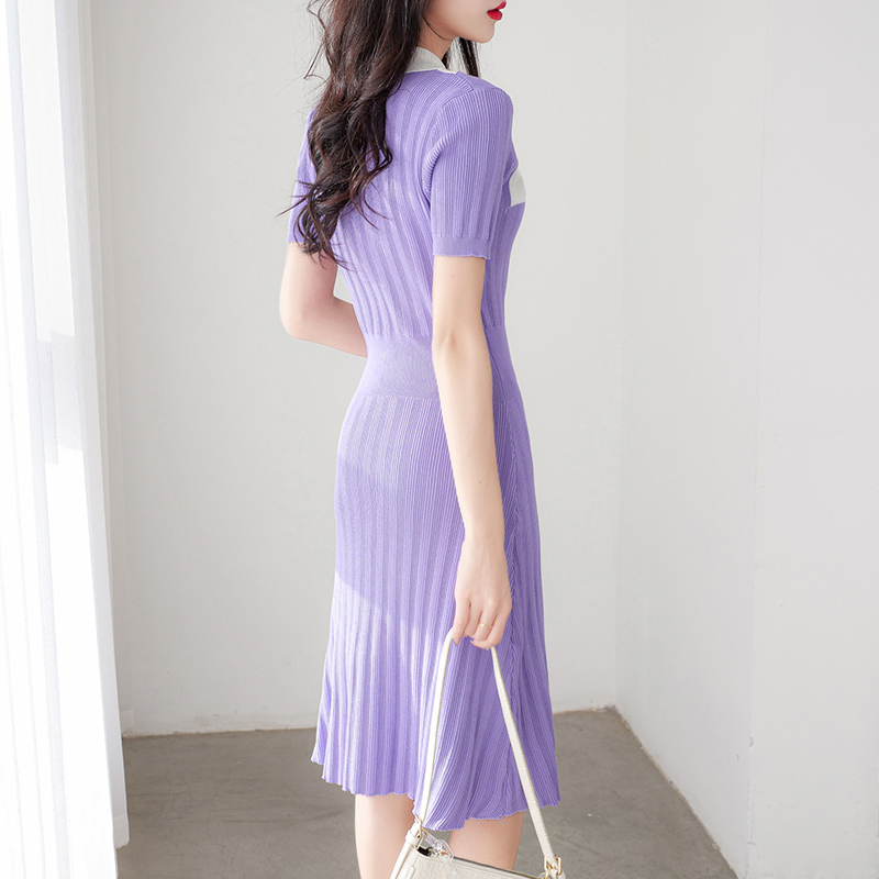 【Elegant】A-Line Elegant Knitted Short O Neck Mid Calf Dress 2098