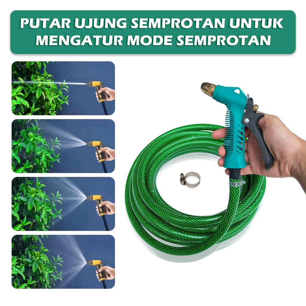 Paket Siram Tanaman Selang Air Serat Benang Anti Lumut Selang Benang Ukuran 5/8 - Selang Air Serat Benang FREE Kepala Semprotan Hose Nozzle + 2 Klem