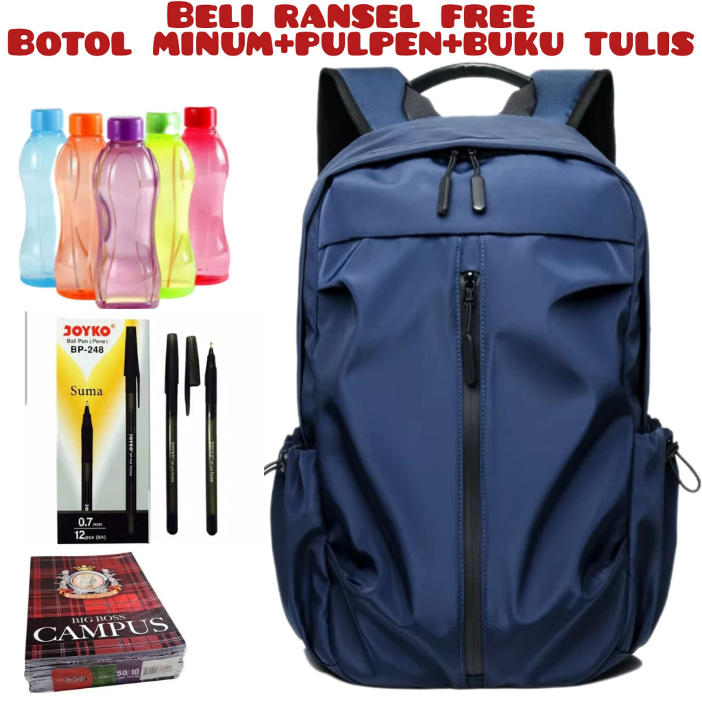 JS_Beli 1 Dapat 4-Tas Ransel Laptop Kerja Sekolah Pria Anti Air Bahan Longcham Premium Stylish Fashionable Beli Ransel Free Botol Minum+Pulpen+Buku Tulis