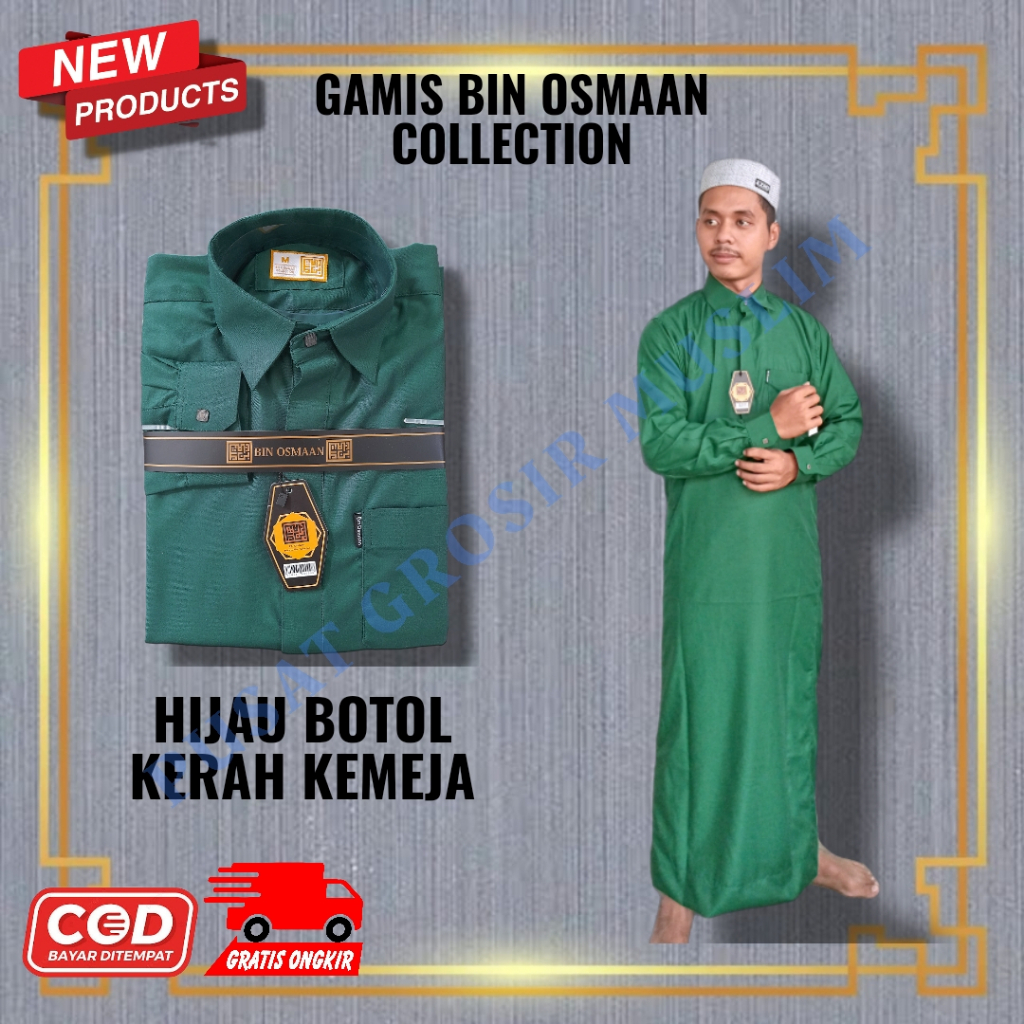 Jubah Pria Gamis Bin Usman Hijau Botol / Jubbah Mewah Model Terbaru / Gamis Bin Osmaan Kerah Kemeja