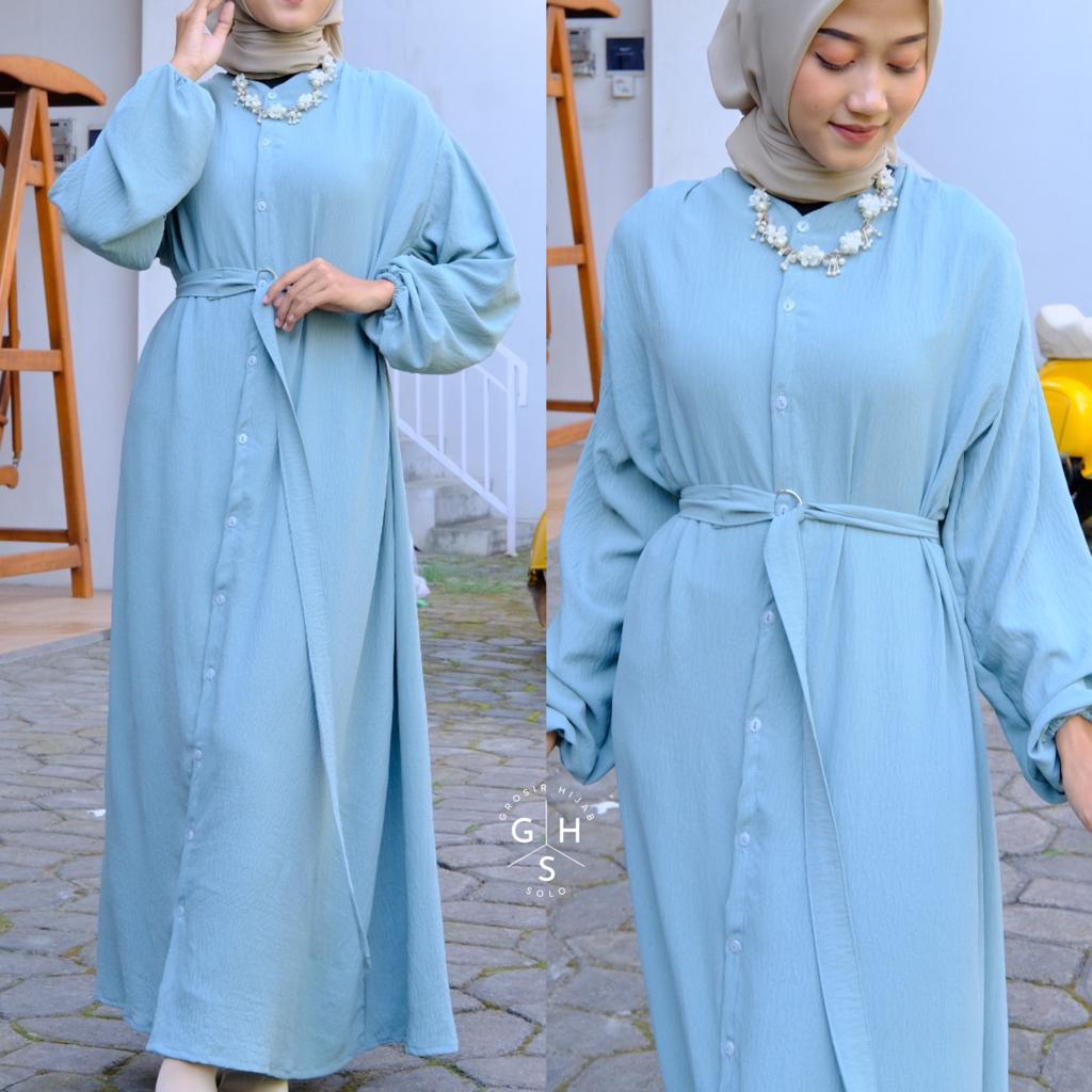 LUTFIA GAMIS LONG MIDI FULL KANCING DRESS ATASAN WANITA CRINCLE AIRFLOW PREMIUM (DBY)