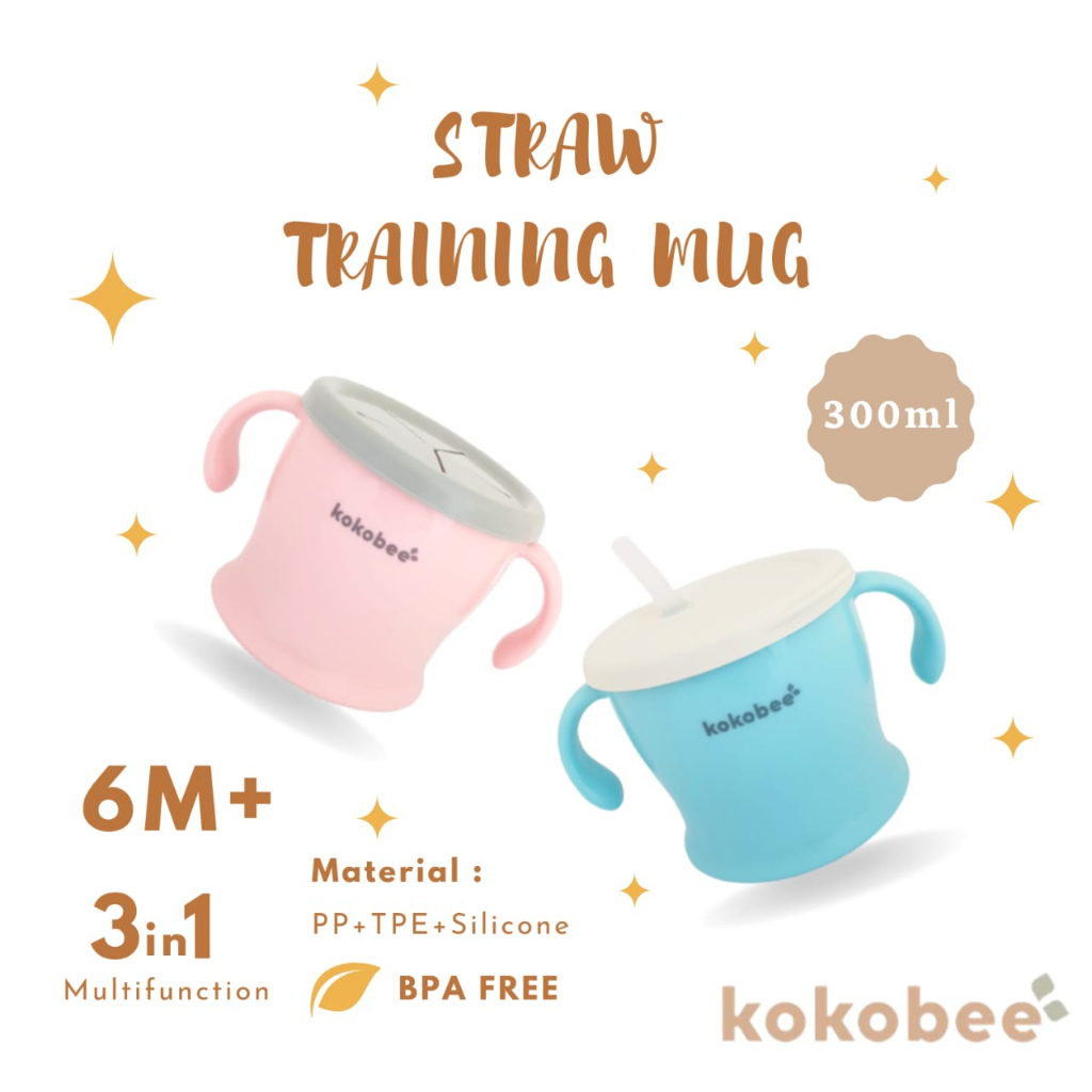 KOKOBEE - Straw Training Mug (300ml) 3in1 Multifunctional (Sippy cup + Open Cup+Snack Cup) / gelas minum bayi / Early-age Straw Training Mug/ dengan Sedotan bayi / Richell cup de mug / coconi /mudah digenggam/ grosir / anti tumpah / anti pecah/