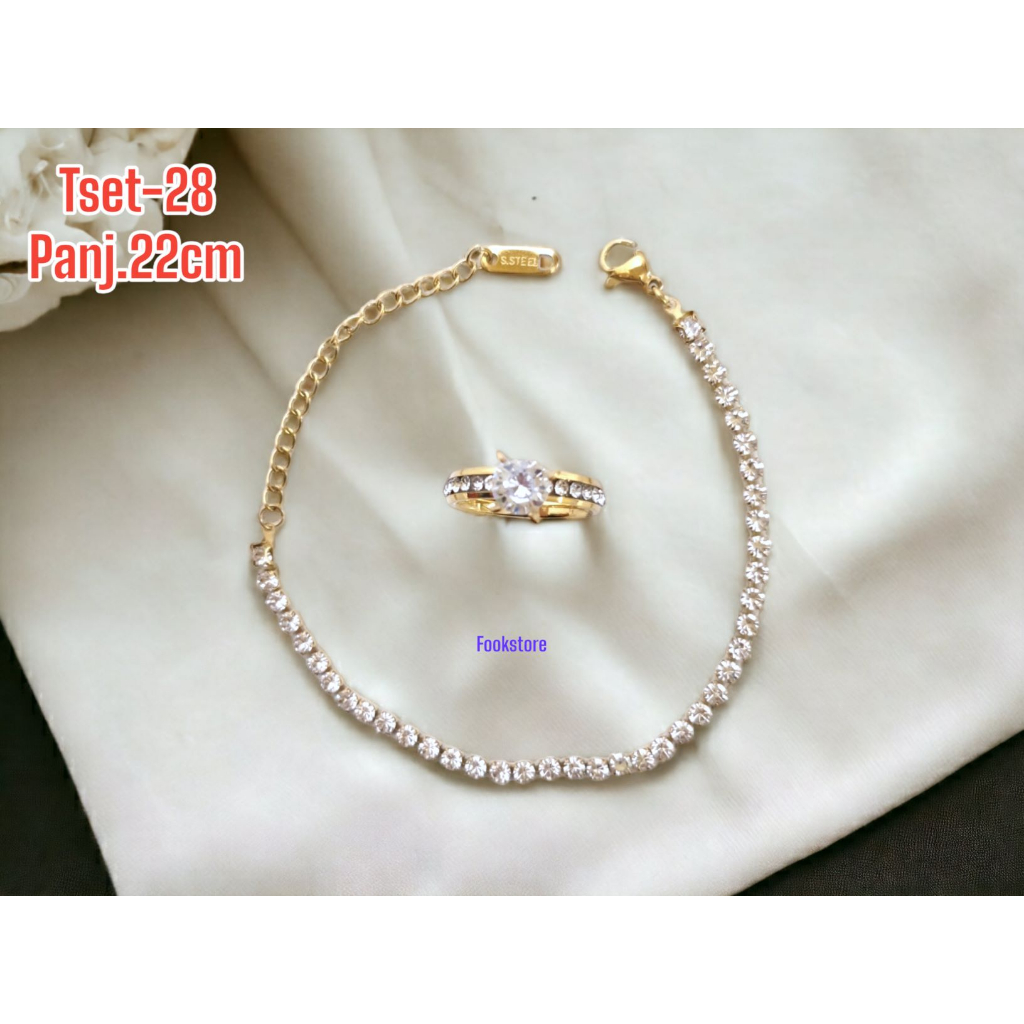 TITANIUM SET GELANG CINCIN MOTIF PERMATA ANTI KARAT/TSET-28