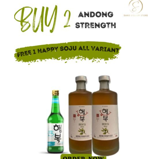 1 PAKET 2 BOTOL ANDONG STRENGTH SOJU GREEN TEA FREE 1 BOTOL HAPPY SOJU