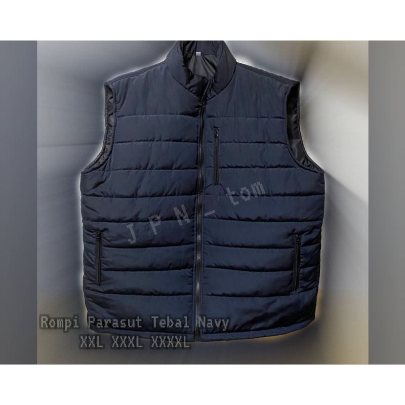 Rompi Big Size Parasut Navy XXL Vest Jumbo Biru Nevi XXXL XXXXL Model Gelembung ld 130 ld 140 Kembung Bahan Tebal Dacron Jaket Motor Anti Angin Outfit Gunung Hiking Semi Waterproof Saku Banyak